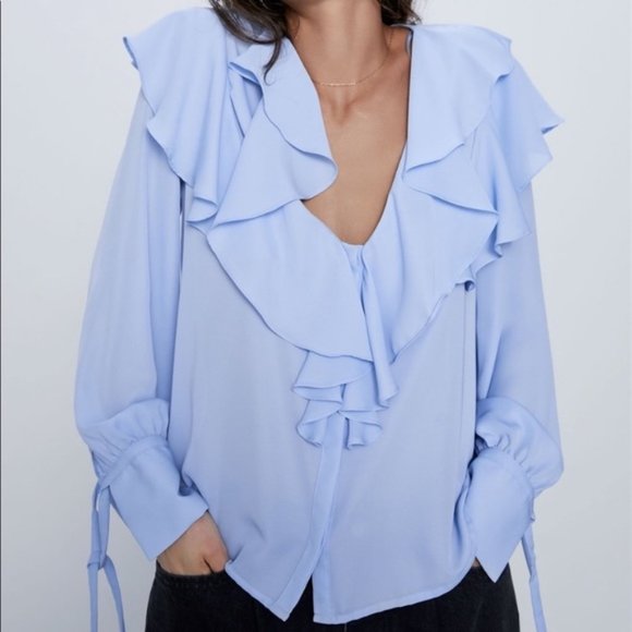 Zara Light Blue Flowy Blouse - Picture 1 of 7
